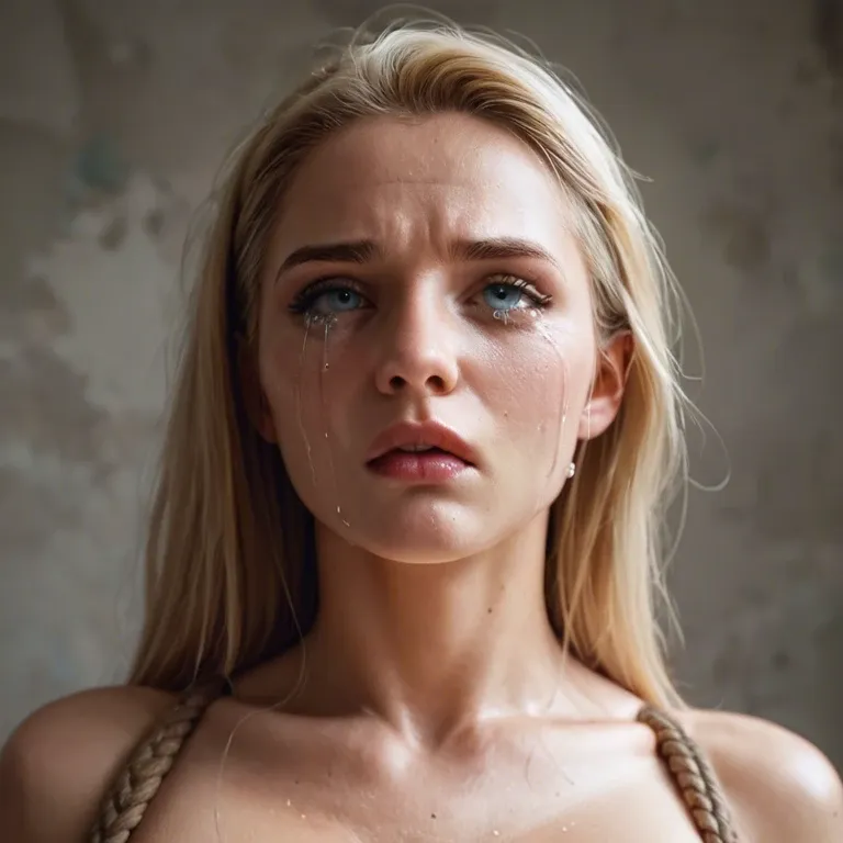 Blonde hair blue eyes pregnant crying girl tied up being bukkaked