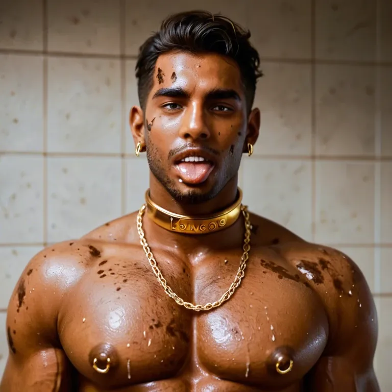 Indian  boy twink brown skin, solo, gay, slum, dirty, ahegao, big brown cock, golden nipple rings, multiple golden cock ring, covered with golden chains,  golden bangles, golden jewellery, golden collar, dirty feet, legs up