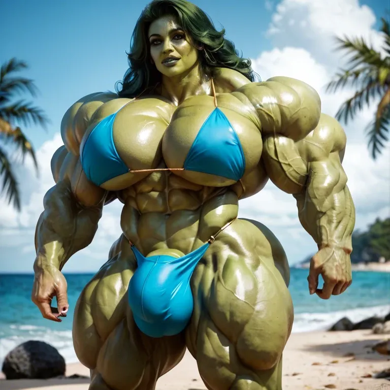 She hulk, hyper massive muscles female, massive muscles buffet, hyper gigantic muscles, hyper gigant muscles, hyper giant muscles, hyper muscle tank, pectorales, bigger Futanari Cock bulge, bikini, beach