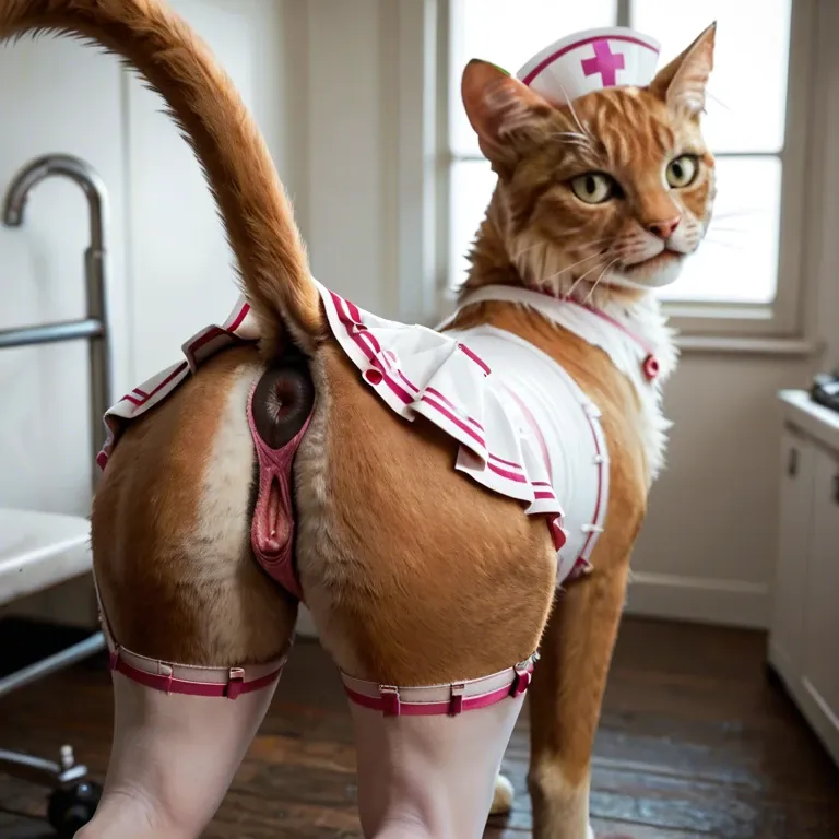 Mammal, feline, felid, cat, domestic cat, big butt, big ass, big anus, fur, equine anus, equine vagina, animal, feral, beast, animal lingerie, nurse clothes, mini skirt, pink thong, squatting, oiled fur, wide thighs, big hindquarters, feline anatomy