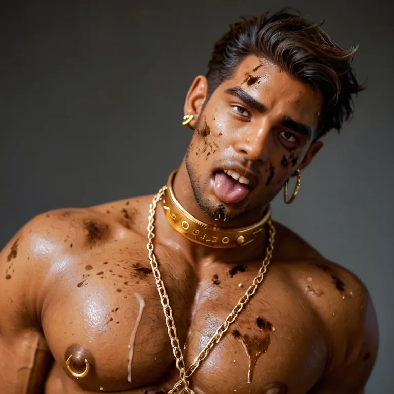 Indian  boy twink brown skin, solo, gay, slum, dirty, ahegao, big brown cock, golden nipple rings, multiple golden cock ring, covered with golden chains,  golden bangles, golden jewellery, golden collar, dirty brown feet, legs up,