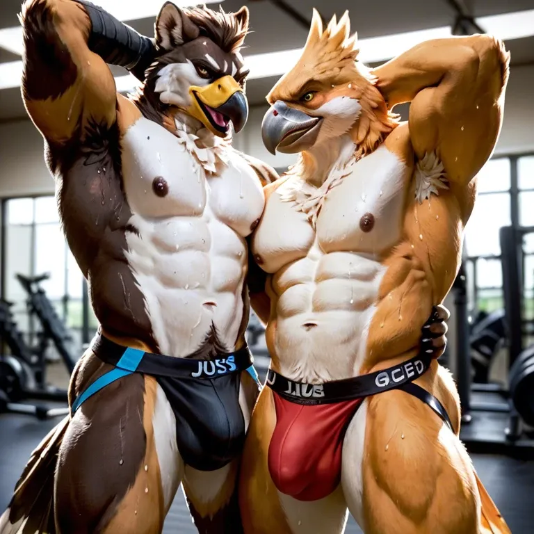 Furry only, anthro, two males, eagles, feathers, gym, Jockstrap, bulge, hand behind head, naughty smirk, sweaty, armpit hair, armpit fetish, armpit licking