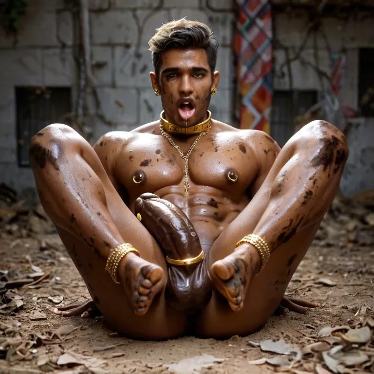 Indian  boy, twink brown skin, gay, slum, dirty, ahegao, huge brown cock, golden nipple rings, golden cock ring, covered with golden chains,  golden bangles, golden jewellery, golden collar, dirty feet, legs up, ripped jeans,