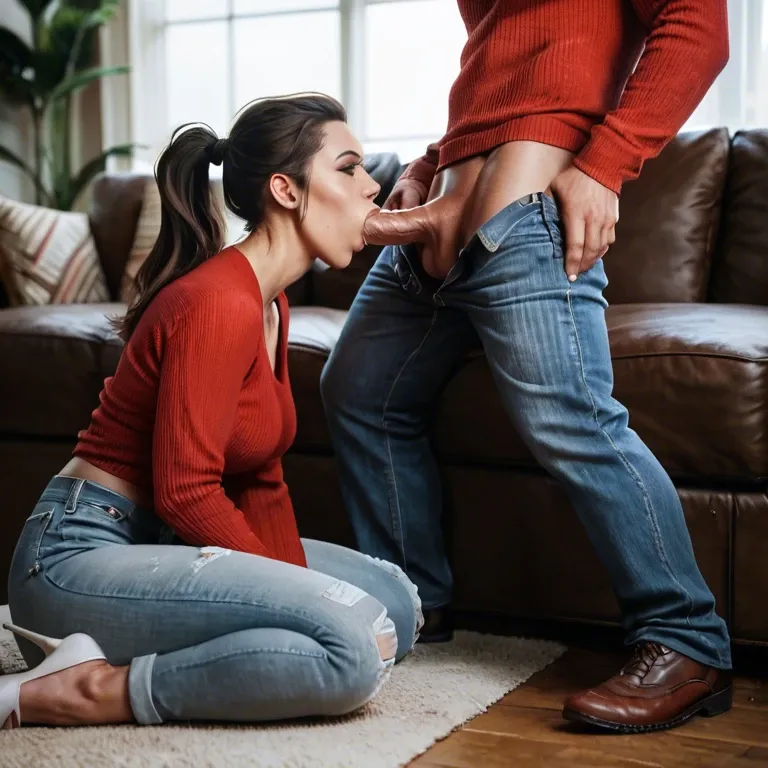 1girl 1boy. Living room. Tall slender brunette with ponytail in red pullover and jeans, on her knees in the floor. In front of her man sitting on sofa, man pants down. Woman gives blowjob to man. Straighr view from behind. Masterpiece