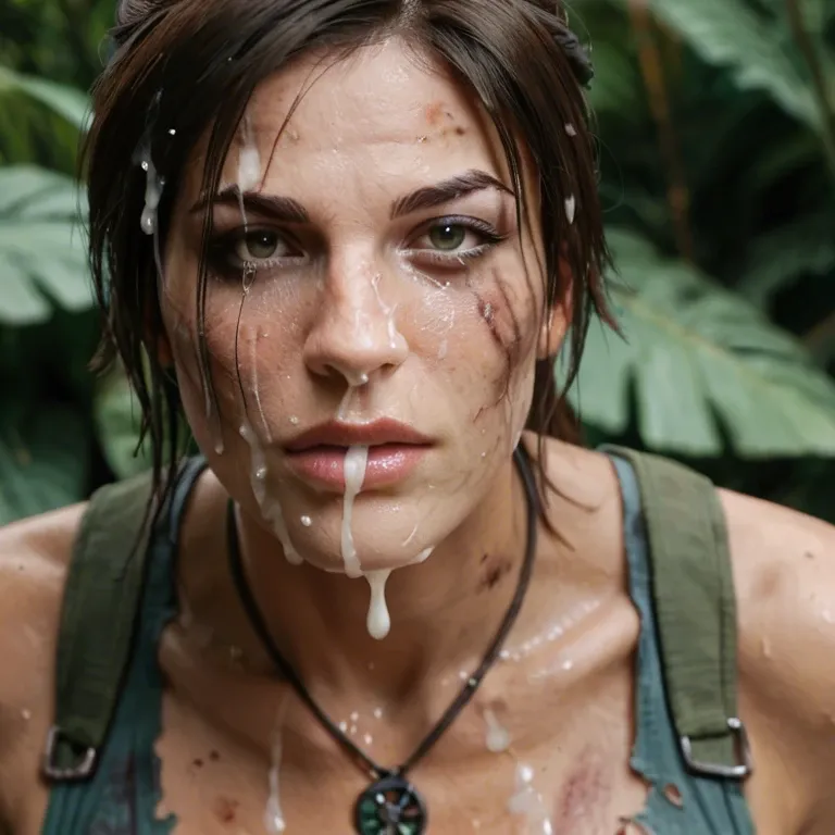 Jungle, men ripping hair. macro close up of face, looking at viewer, Lara Croft, Tomb raider, degraded ,  dirty, bruised, crying, excessive cum over face, thick cum in hair,  thick, excessive cum in nose, open mouth full of cum,dripping, mascara. Screaming in pain, face covered in thick cum,