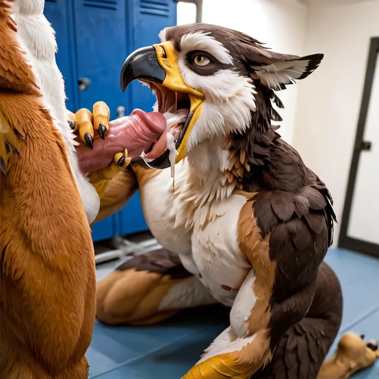 Furry only, anthro, two males, eagles, feathers, gym changing room, blowjob, kneeling, open mouth cumshot, cum in mouth