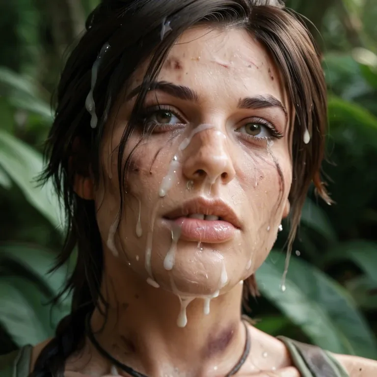 Jungle, men ripping hair. macro close up of face, looking at viewer, Lara Croft, Tomb raider, degraded ,  dirty, bruised, crying, excessive cum over face, thick cum in hair,  thick, excessive cum in nose, open mouth full of cum,dripping, mascara. Screaming in pain, face covered in thick cum,