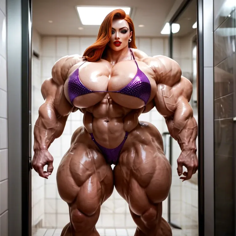 Jessica Rabbit, massive muscles female, massive muscles, hyper gigantic massive muscles, hyper gigantic muscles, hyper gigant muscles, hyper giant muscles, hyper muscle tank, pectorales, pecs, bikini, gaped pussy, bathroom, futa bigger cock