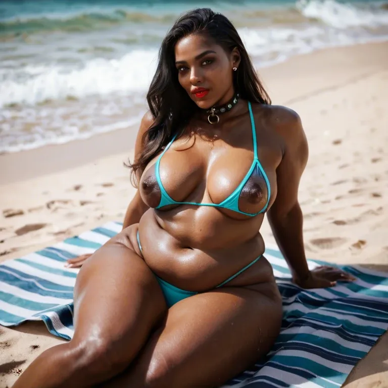 Black brown skinned woman BBW, medium breasts, ((straight long hair)), puffy nipple, submission collar, Straight hair, Red lipstick, Wide hips, Thick belly, thick body, sitting with legs spread, Thong bikini, beach,Spreading legs, Bikini top, Sweaty skin, Panties to the side, breasts out of the top, Showing swollen tits, nipple piercing, showing pussy, Pussy big dildo,