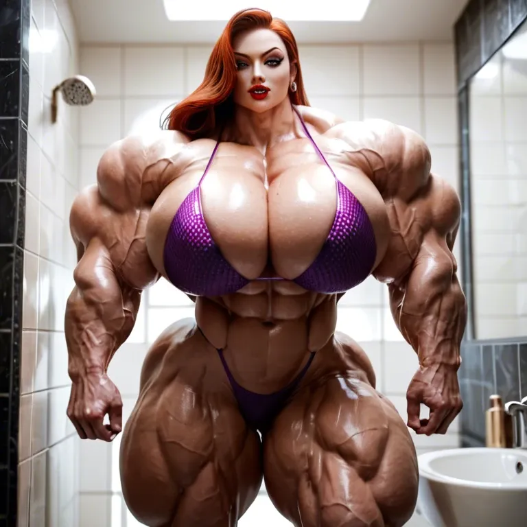 Jessica Rabbit, massive muscles female, massive muscles, hyper gigantic massive muscles, hyper gigantic muscles, hyper gigant muscles, hyper giant muscles, hyper muscle tank, pectorales, pecs, bikini, gaped pussy, bathroom, futa