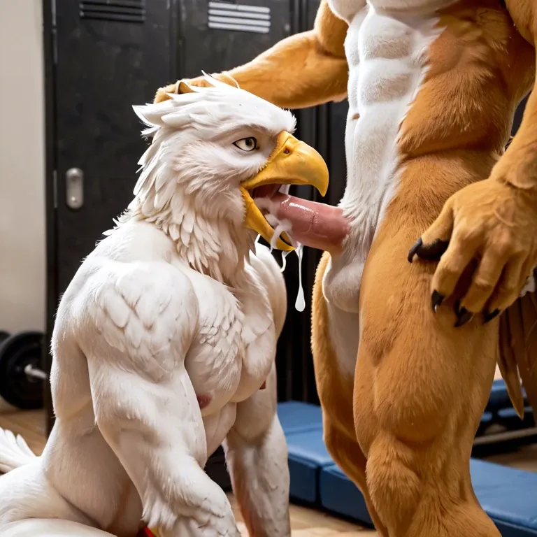 Furry only, anthro, two males, gay, eagles, feathers, gym changing room, blowjob, kneeling, open mouth cumshot, cum in mouth