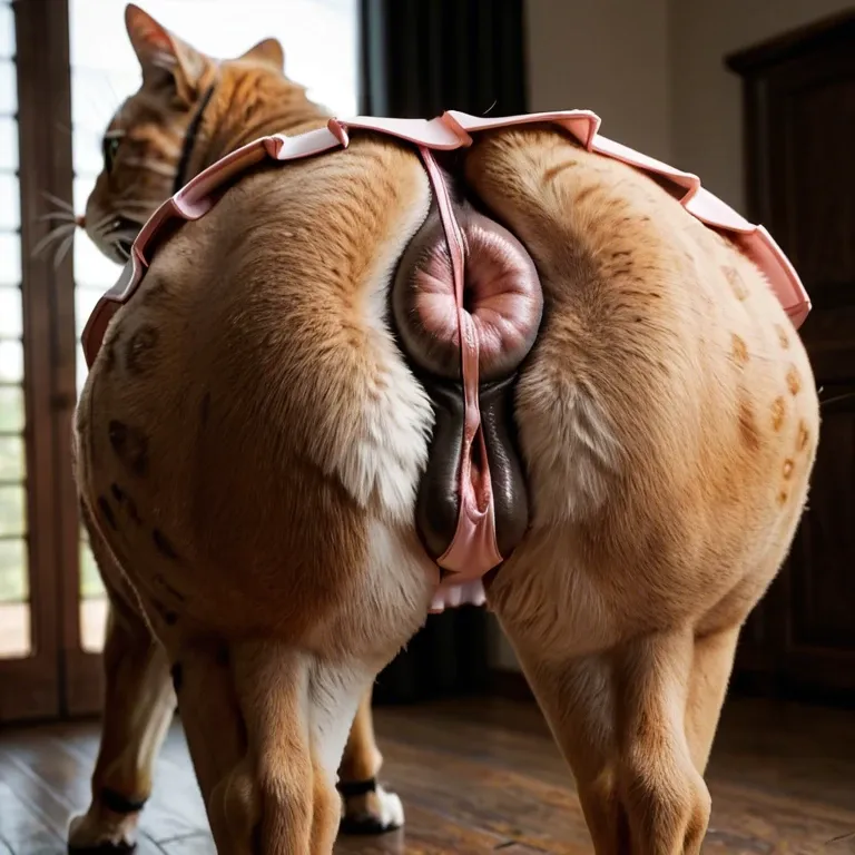 Mammal, feline, felid, cat, domestic cat, big butt, big ass, big anus, fur, equine anus, equine vagina, animal, feral, beast, animal lingerie, swat clothes, mini skirt, pink thong, squatting, oiled fur, wide thighs, big hindquarters, feline anatomy