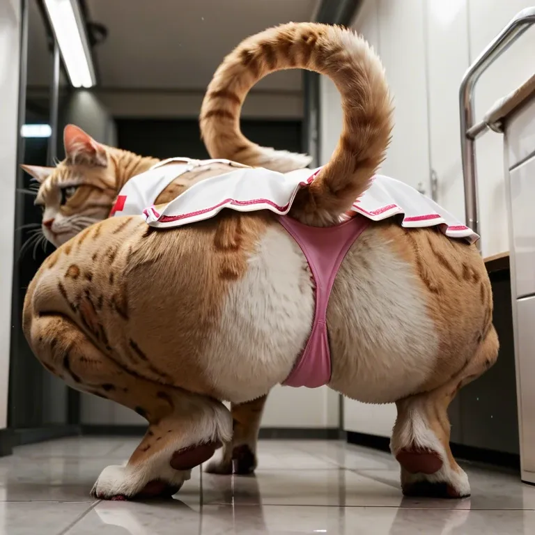 Mammal, feline, felid, cat, domestic cat, big butt, big ass, thick ass, fur, animal, feral, beast, animal lingerie, nurse clothes, mini skirt, pink thong, squatting, oiled fur, wide thighs, big hindquarters, feline anatomy