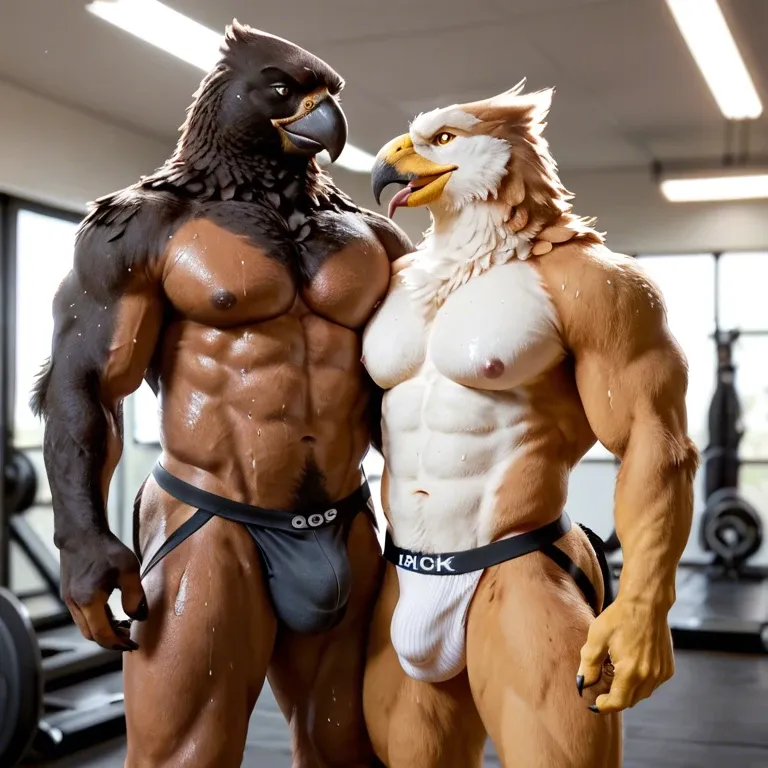 Furry only, anthro, two males, eagles, feathers, gym, Jockstrap, bulge, naughty smirk, sweaty, licking body