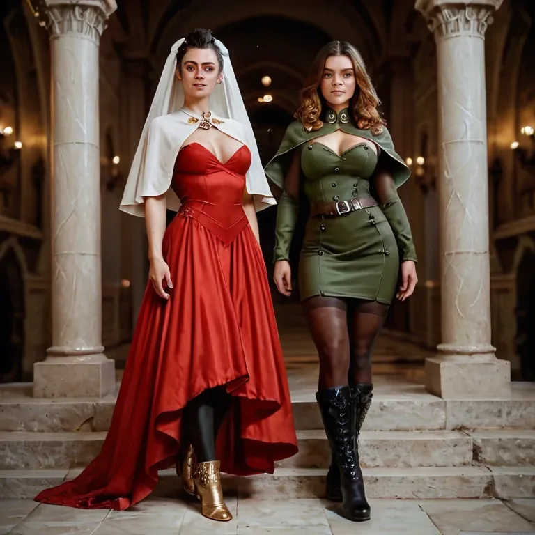 2girl, , , , freckled face,army,perky breasts,conceivable,detailed skin, red dress,black leggings,capelet,green bodysuit,boots, silk gown,gold anklets,white veil,sports bra,platform heels, in office, forest, spiked collar, tifa lockhart, jasmine