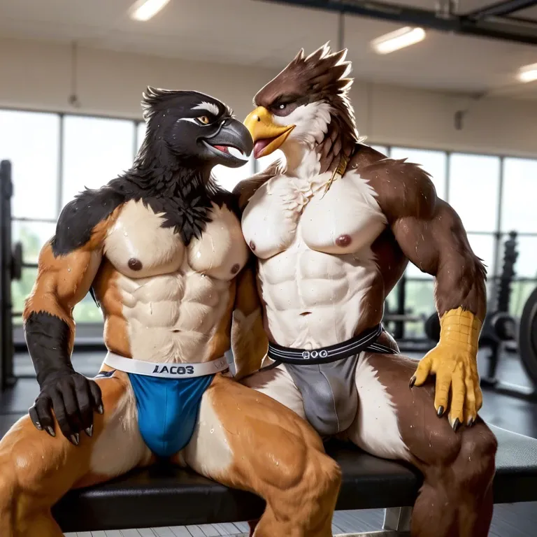 Furry only, anthro, two males, eagles, feathers, gym, sitting, Jockstrap, bulge, naughty smirk, sweaty, licking chest