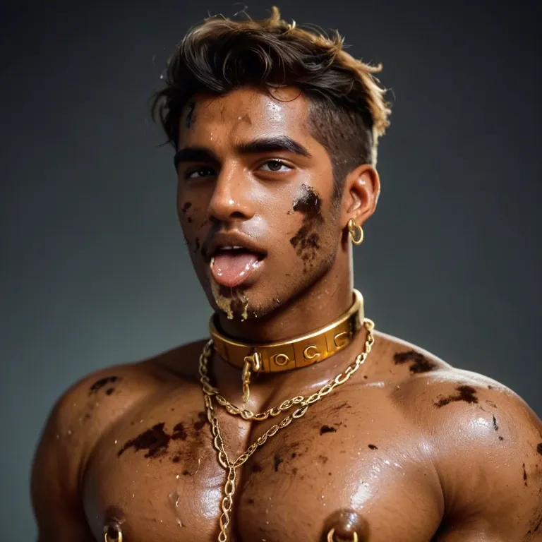 Indian  boy twink brown skin, solo, gay, slum, dirty, ahegao, big brown cock, golden nipple rings, golden cock ring, covered with golden chains,  golden bangles, golden jewellery, golden collar, dirty feet, legs up, ripped jeans,