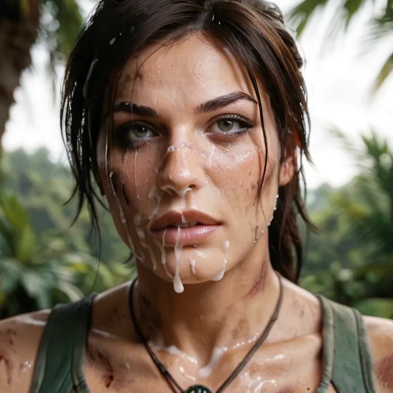 Jungle, men ripping hair. macro close up of face, looking at viewer, Lara Croft, Tomb raider, degraded ,  dirty, bruised, crying, excessive cum over face, thick cum in hair,  thick, excessive cum in nose, open mouth full of cum,dripping, mascara. Screaming in pain, face covered in thick cum,