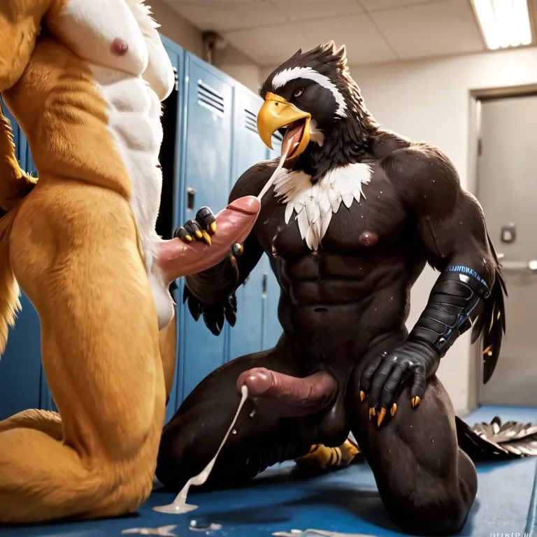 Furry only, anthro, two males, gay, eagles, feathers, gym changing room, blowjob, kneeling, open mouth cumshot, cum in mouth, big penis