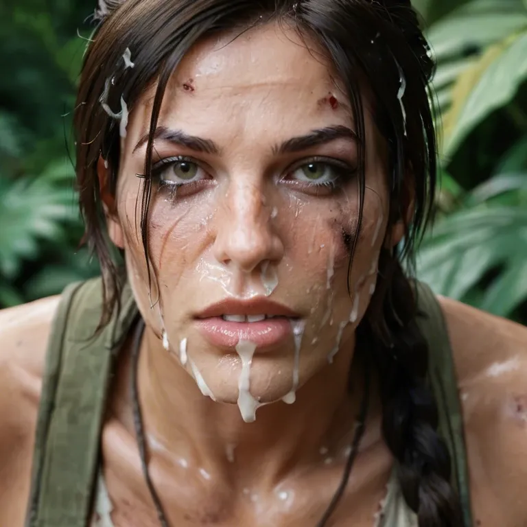 Jungle, men ripping hair. macro close up of face, looking at viewer, Lara Croft, Tomb raider, degraded ,  dirty, bruised, crying, excessive cum over face, thick cum in hair,  thick, excessive cum in nose, open mouth full of cum,dripping, mascara. Screaming in pain, face covered in thick cum,