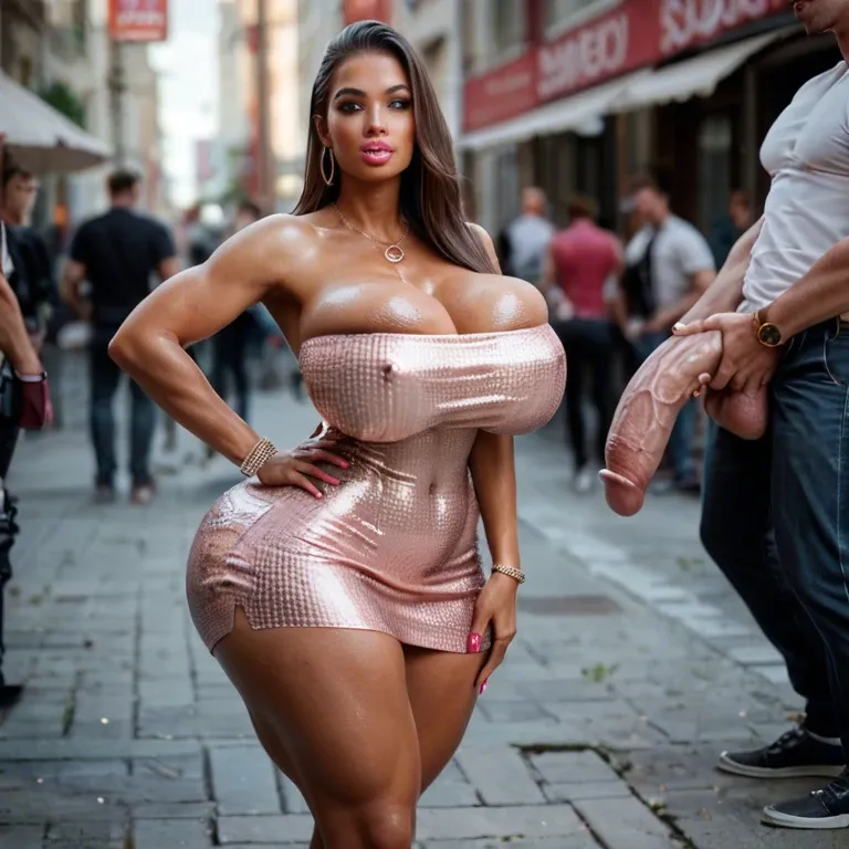 Bimbo, curvy, thick body, gigantic round ass, silicone breasts, brunette, tan lines, mini dress strapless and miniskirt , amazed face,  handojob, masturbate big cock, hyper penis, thick cock, veiny dick, huge balls