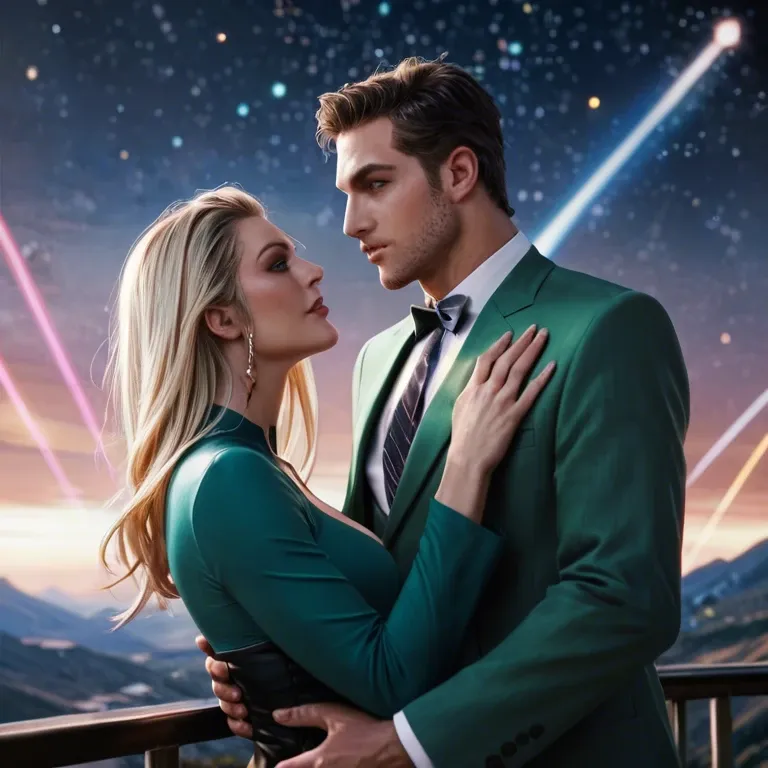 Blonde woman. Blonde man. Couple. Holding around each other. Wearing green suits. Standing on top of a mountain. Spaceship in the background. Planet. Moon. Triangle buildings. Colorful lights