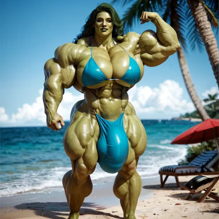 She Hulk, hyper massive muscles female, massive muscles buffet, hyper gigantic muscles, hyper gigant muscles, hyper giant muscles, hyper muscle tank, pectorales, bikini, bigger Futanari Cock bulge, beach