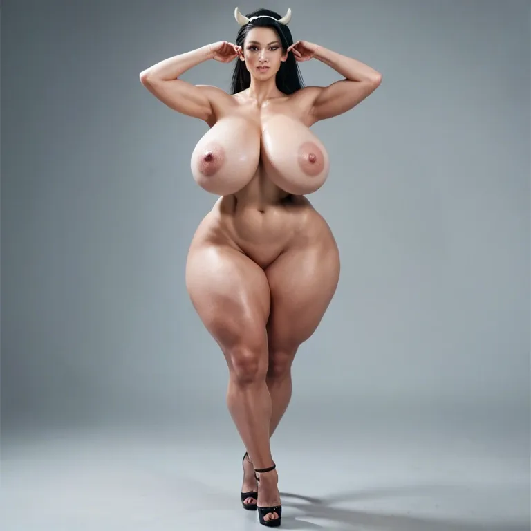 full body, t-pose , nude , sbelly, tall girl cow, gigantic tits, massive ass, thick thighs, cow human girl , sexy ,thick