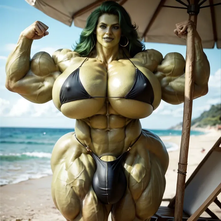 She Hulk, hyper massive muscles female, massive muscles buffet, hyper gigantic muscles, hyper gigant muscles, hyper giant muscles, hyper muscle tank, pectorales, bikini, bigger Futanari Cock bulge, beach