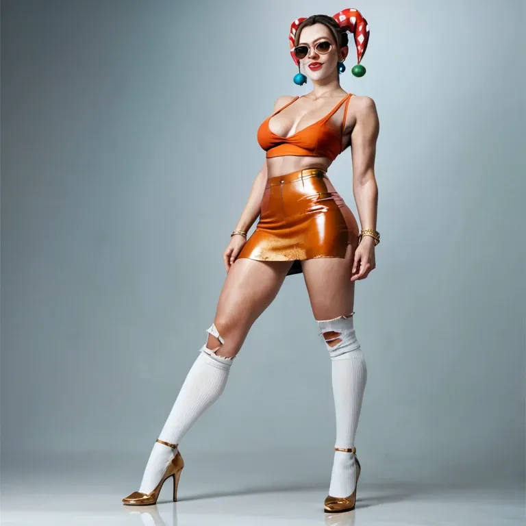 1girl,solo, , , , facial freckles,thigh,round tits,saggy boobs,knee-highs, ripped pants,gold stockings,sunglasses,orange leotard,heels, slit skirt,white socks,jester cap,showing thong,brown boots, bathtub, daphne blake, medieval prison, lying on bed, anime, backlit