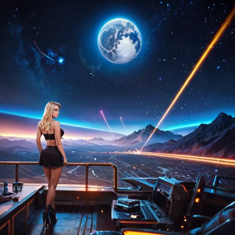 Blonde woman. Blonde man. Standing on top of a mountain. Spaceship in the background. Planet. Moon. Triangle buildings. Colorful lights