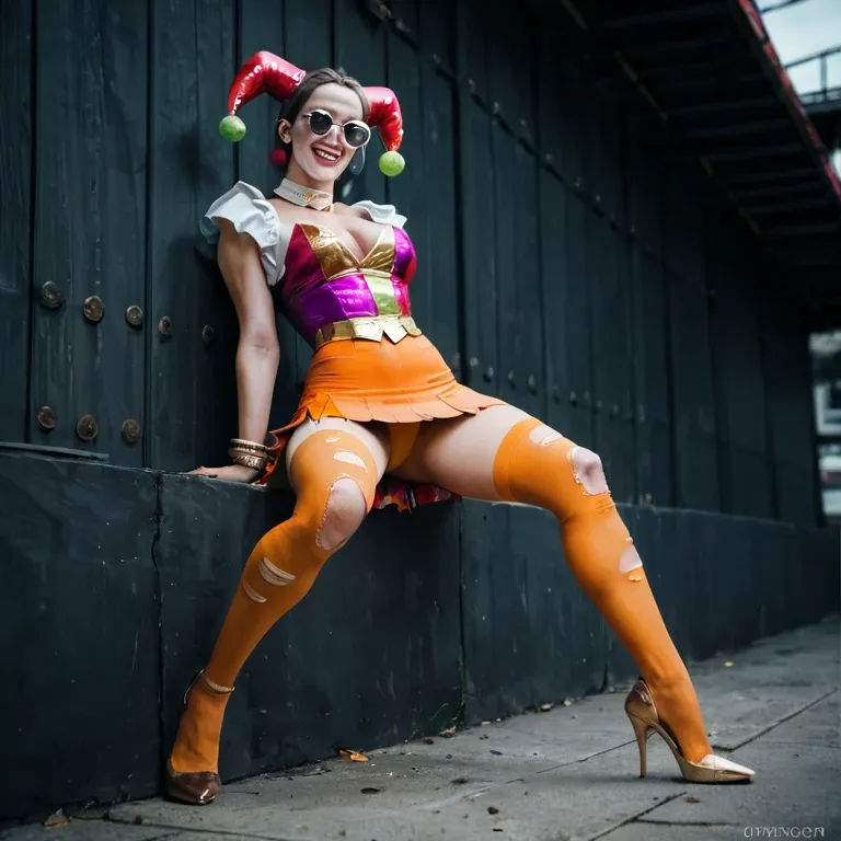 1girl,solo, , , , facial freckles,thigh,round tits,saggy boobs,knee-highs, ripped pants,gold stockings,sunglasses,orange leotard,heels, slit skirt,white socks,jester cap,showing thong,brown boots, bathtub, daphne blake, medieval prison, lying on bed, anime, backlit