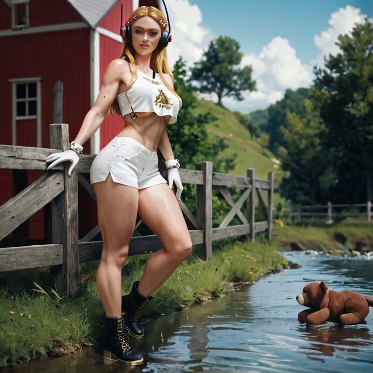 1girl,solo, , , , freckled breast,black footwear,firm breasts,hip thrusts,deep skin, crop top,gold anklets,white gloves,teddy,white boots, barn, river, headphones, zelda, sailor moon