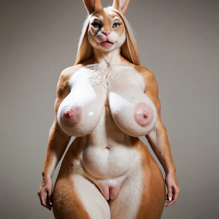 sagging breasts, furry, anthro, rabbit, blonde hair, blue eyes, (hyper lips), wide jaw, flat nose, wide hips, hyper pussy, tail, blonde fur, naked