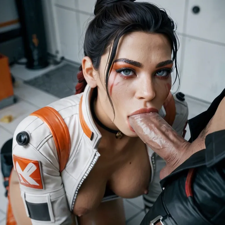 Ash from apex legends, on her knees, giving a blowjob