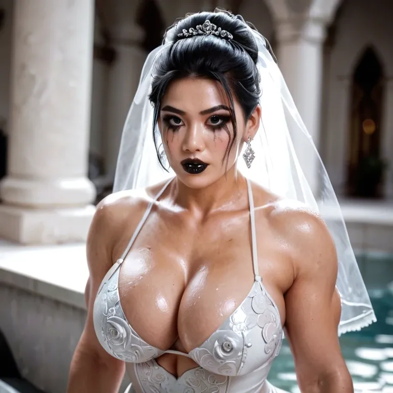 form fitting wedding dress, black lipstick, curvy, gorgeous, asian, muscular and fat body, thick, hourglass figure, humongous hips, extra wide hips, black eyeliner, black mascara, running mascara, bubble butt, extreme wide hips, giant butt, boobs spilling out of clothes, ahegao face, thick thighs, large legs, massive ass, bubble butt, huge round butt, fucked in the ass by hyper large monster cock, gangbang, surrounded by men, men groping