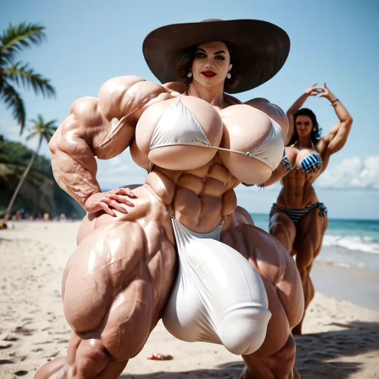 alcina dimitrescu, hyper massive muscles female, massive muscles buffet, hyper gigantic muscles, hyper gigant muscles, hyper muscle tank, pectorales, pecs,  bigger Futanari Cock bulge, bikini, beach, big ass