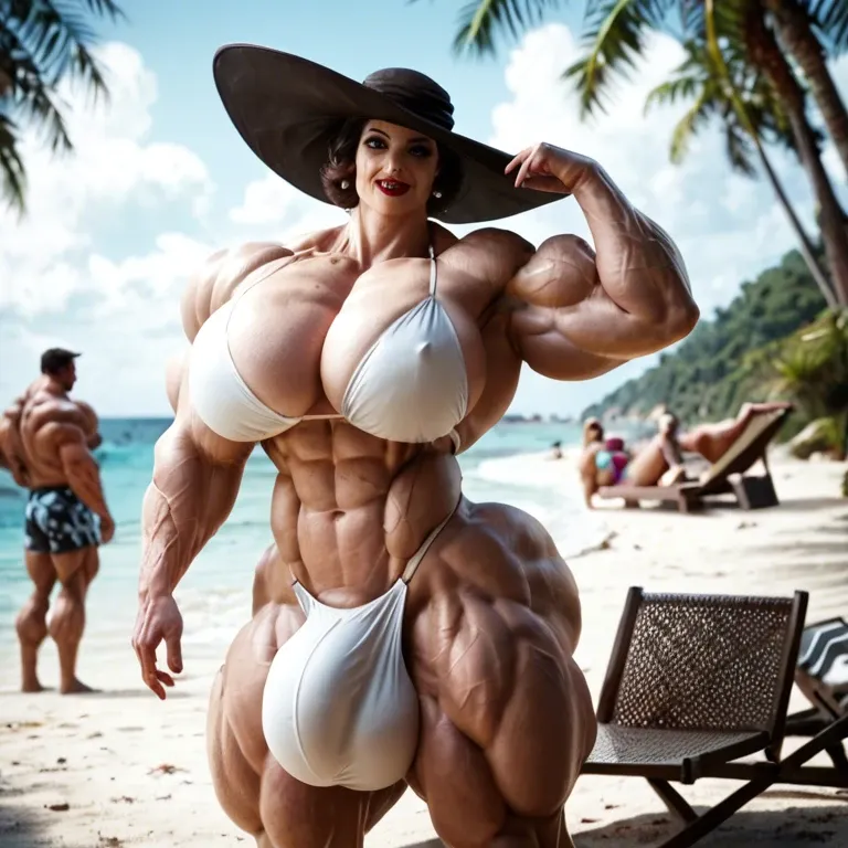 alcina dimitrescu, hyper massive muscles female, massive muscles buffet, hyper gigantic muscles, hyper gigant muscles, hyper muscle tank, pectorales, pecs,  bigger Futanari Cock bulge, bikini, beach, big ass