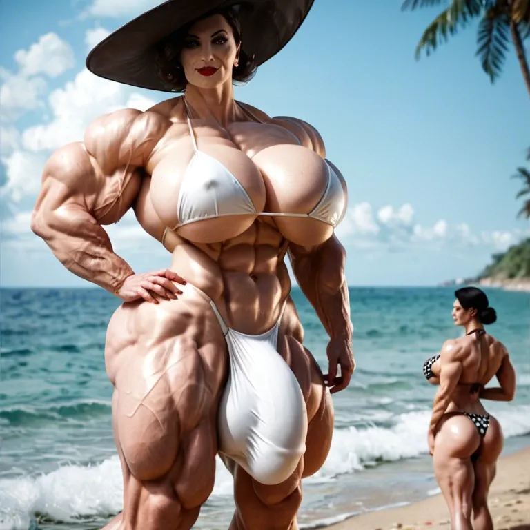 alcina dimitrescu, hyper massive muscles female, massive muscles buffet, hyper gigantic muscles, hyper gigant muscles, hyper muscle tank, pectorales, pecs,  bigger Futanari Cock bulge, bikini, beach, big ass