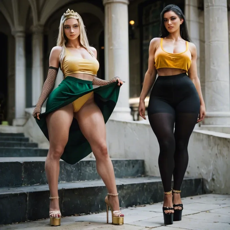 2girl, , , , balls on nose,warmers,round tits,big hips,anklets, lift skirt,socks,gold tiara,green bodysuit,platform heels, yellow tank top,black leggings,fishnet gloves,bikini top lift,high heels, pull shirt,leg warmers,white panties,black bra,stiletto heels, shibari, in jungle, spaceship, mario, ariel waifu