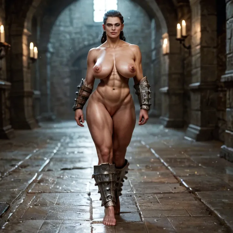 Female Frankenstein who is walking in the dungeon and wears only armoured bracers and armour on the legs, big bare feet, topless, huge saggy tits, strong, grey skin,