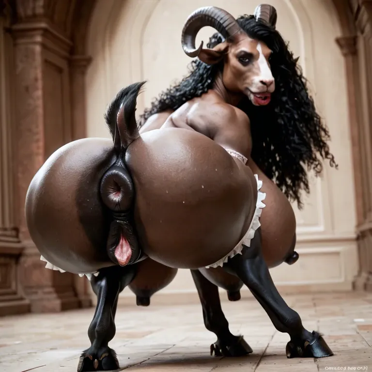 Pitch black skin, goat demon milf , thick equine pussy, black hair,  equine anus,  massive sagging boobs, huge nipples,  bimbo lips with lipstick, furry