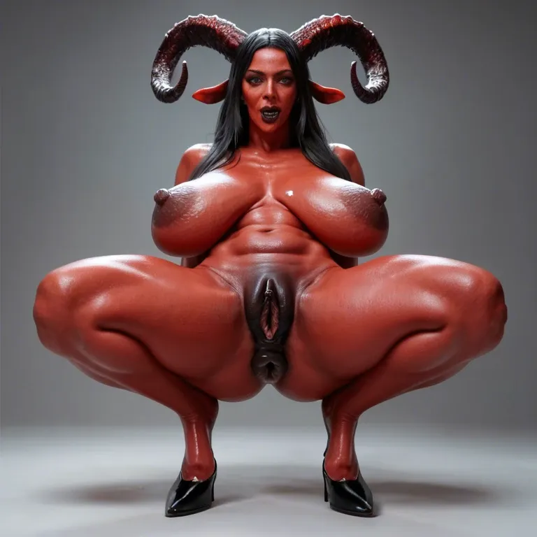 Goat horns, eldritch horror milf, thick equine pussy, black hair,  equine anus,  massive sagging boobs, huge nipples, deep red skin, extra mouths