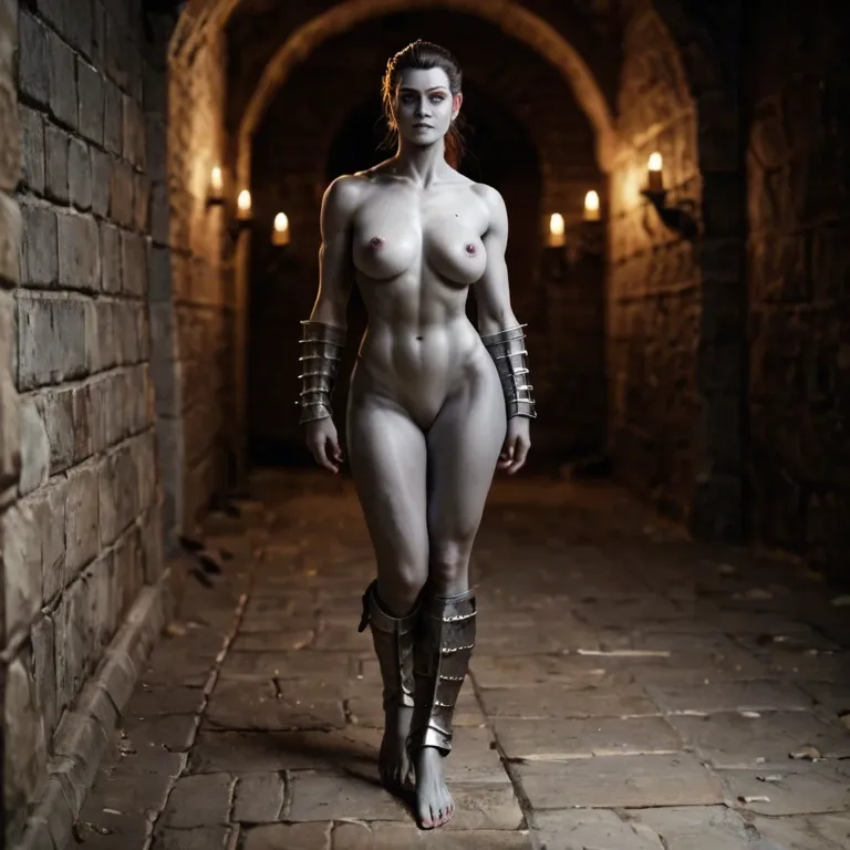 Female Frankenstein who is walking in the dungeon and wears only armoured bracers and armour on the legs, barefeet, topless, strong, grey skin, dungeon