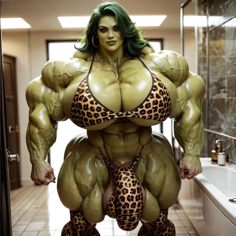 She hulk, hyper massive muscles female, massive muscles, hyper gigantic muscles, hyper gigant muscles, hyper giant muscles, hyper muscle tank,huge boobs, Leopard Print Stockings, bigger Futanari Cock bulge, bathroom