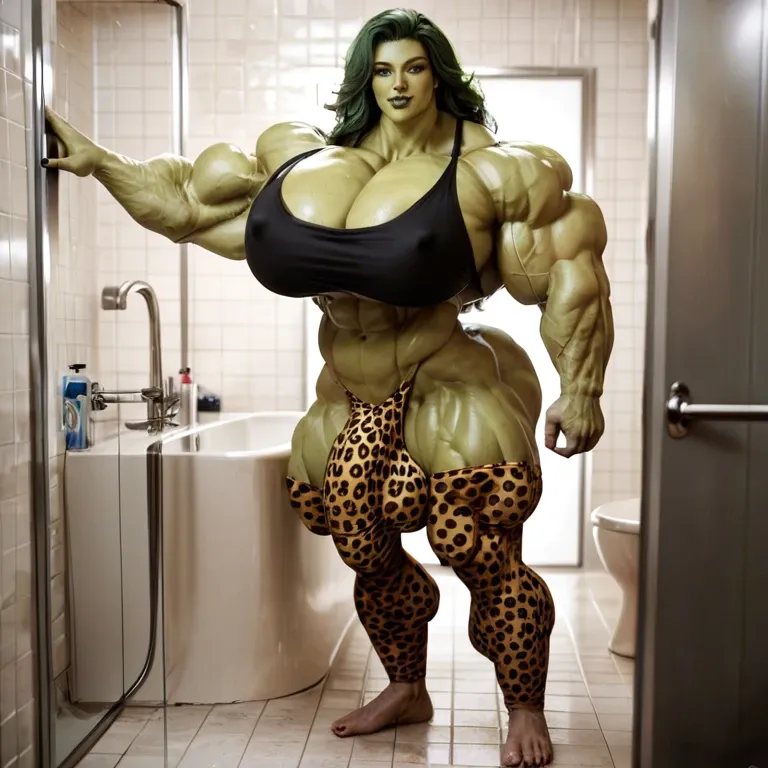 She hulk, hyper massive muscles female, massive muscles, hyper gigantic muscles, hyper gigant muscles, hyper giant muscles, hyper muscle tank, pectorales, Leopard Print Stockings, bigger Futanari Cock bulge, bathroom