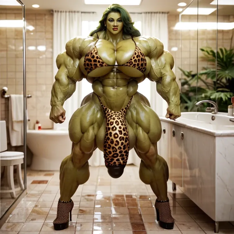 She hulk, hyper massive muscles female, massive muscles, hyper gigantic muscles, hyper gigant muscles, hyper giant muscles, hyper muscle tank,huge boobs, Leopard Print Stockings, bigger Futanari Cock bulge, bathroom