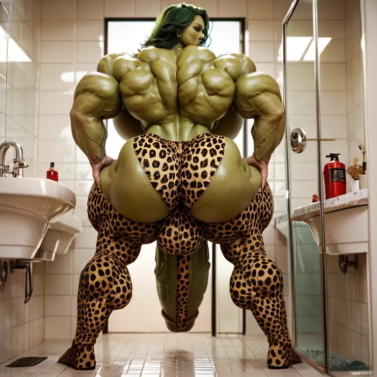 She hulk, hyper massive muscles female, massive muscles, hyper gigantic muscles, hyper gigant muscles, hyper giant muscles, hyper muscle tank,huge boobs, Leopard Print Stockings, bigger Futanari Cock bulge, bathroom