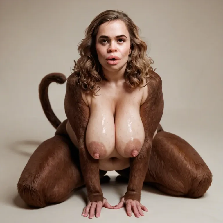 anthro, furry, (chimpanzee), chimpanzee face, chimpanzee snout, brown body fur, Hermione Granger, sagging breasts, (hyper lips), naked, tail, obese, overweight, weight gain