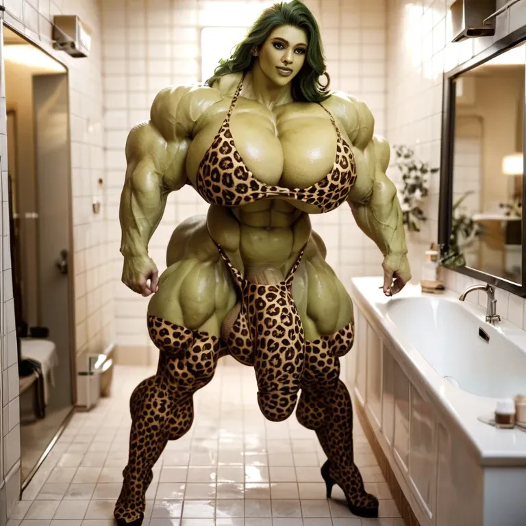 She hulk, hyper massive muscles female, massive muscles, hyper gigantic muscles, hyper gigant muscles, hyper giant muscles, hyper muscle tank,huge boobs, Leopard Print Stockings, bigger Futanari Cock bulge, bathroom